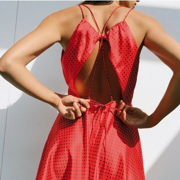 Zara red polka dot satin silk look open back mini flare dress  NWT - Picture 7 of 7